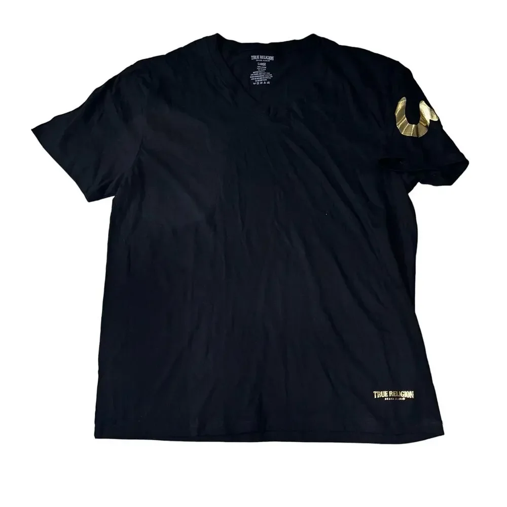 True Religion Men's LG Black V-neck Black T-shirt Gold Graphics